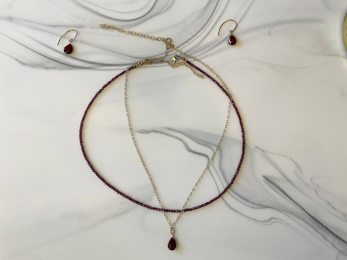 Layering Set of Garnet Necklaces with Matching Earrings