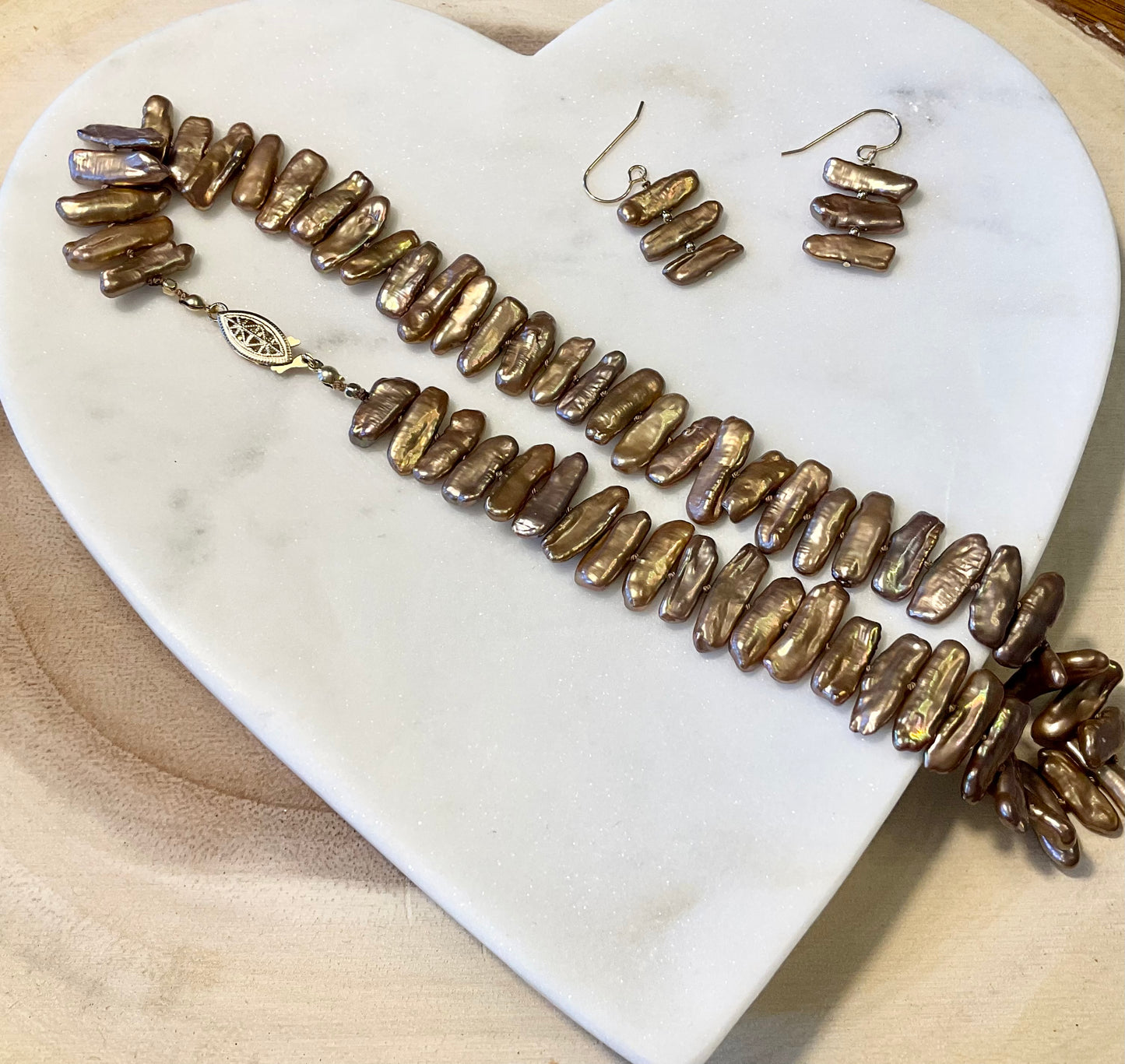 Brown Biwa Pearl Hand-knotted Necklace with Matching Earrings