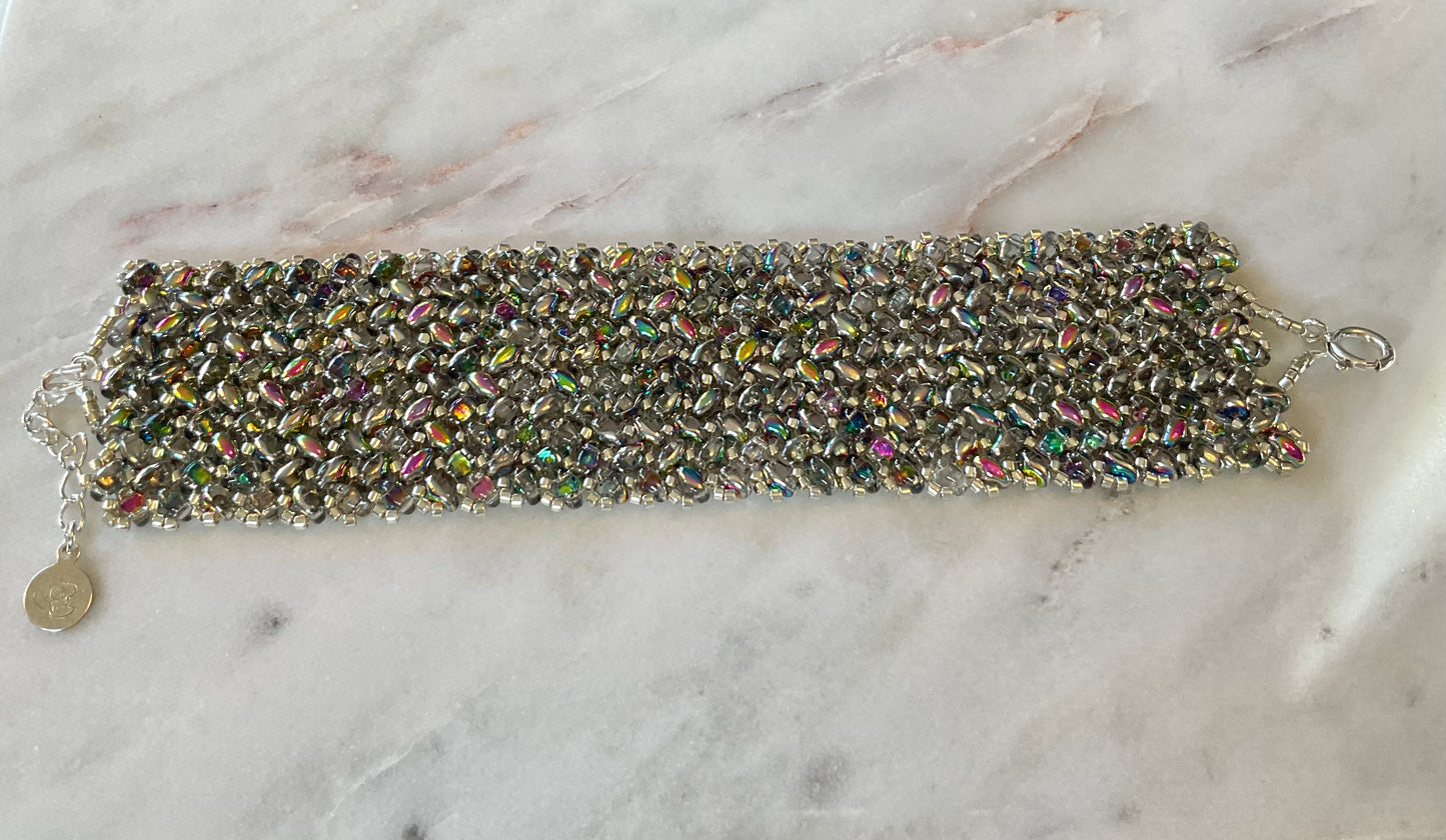 Silver Rainbow Hand-beaded Cuff Bracelet