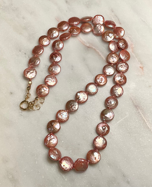 Rose Gold Coin Pearl Hand-knotted Necklace