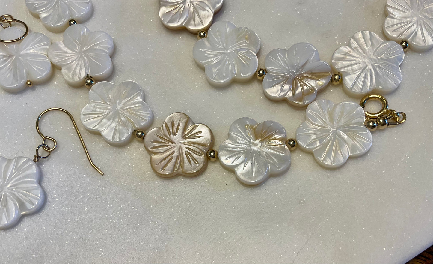 Mother of Pearl Carved Flower Necklace & Earrings Set