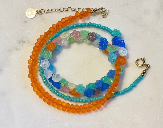Flower Power Blue/Green/Orange Necklace or Wrap Bracelet