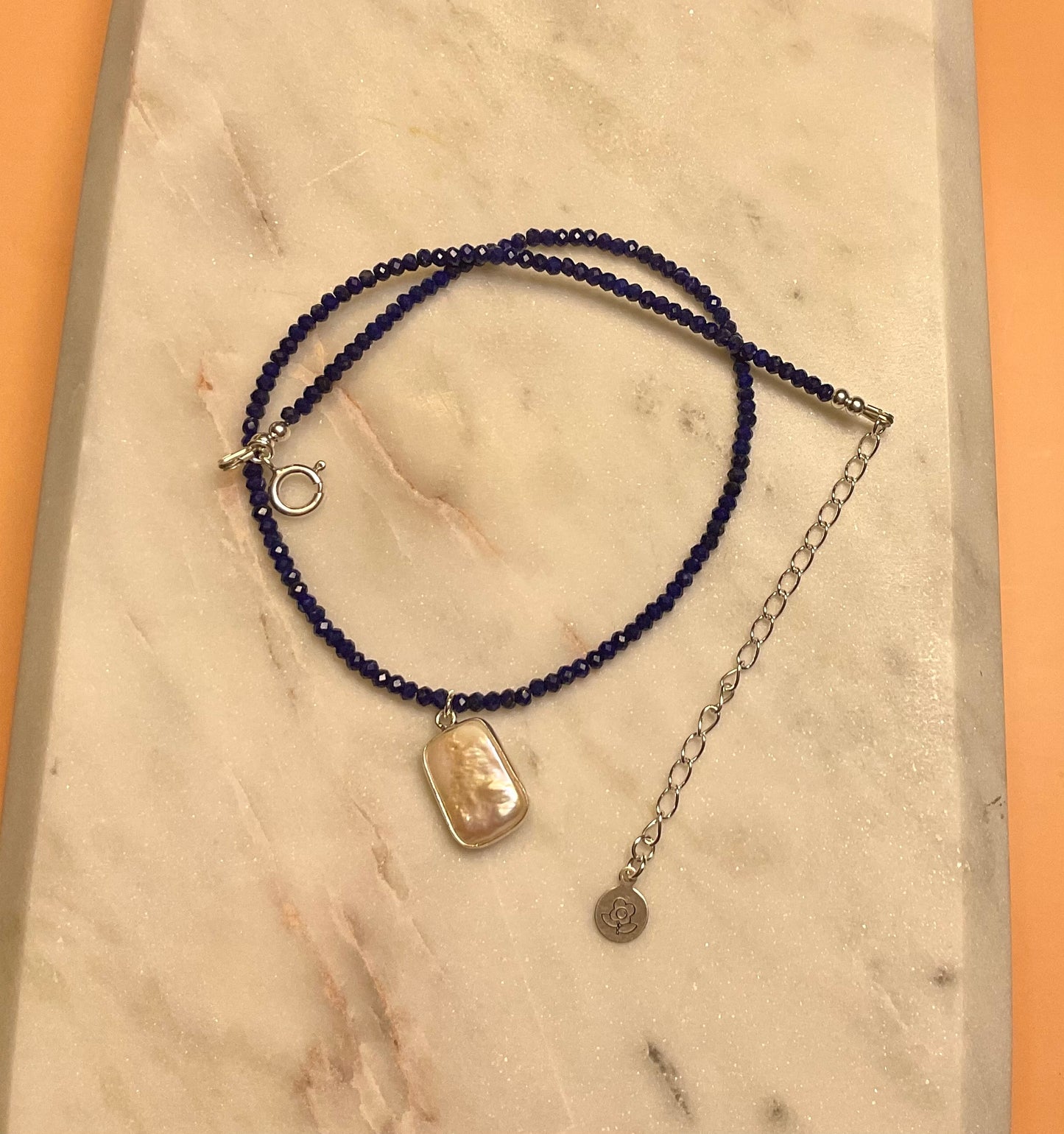 Micro Faceted Lapis Lazuli Gemstone Necklace with Pearl Pendant