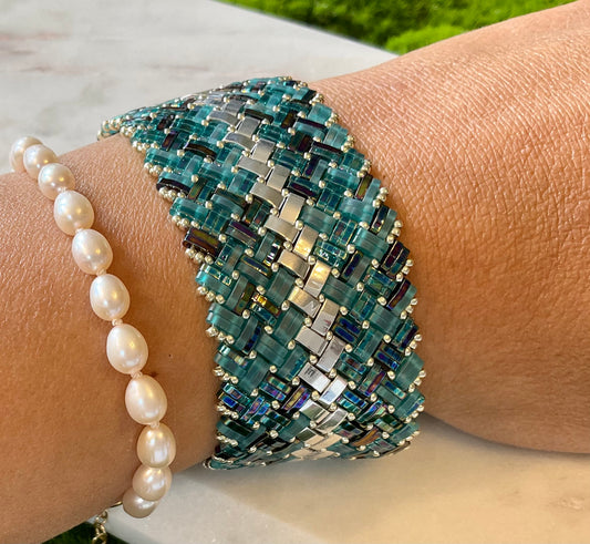 Silver and Turquoise Hand-beaded Cuff Bracelet