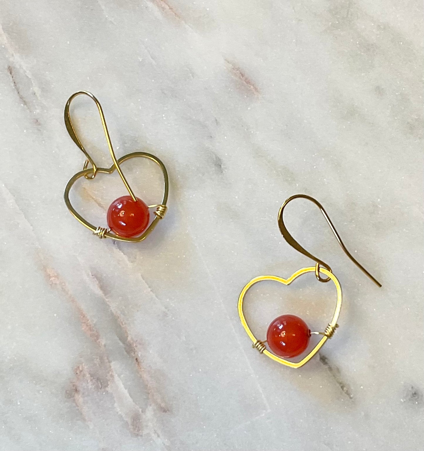 Gold Heart Dangle with Bright Coral Red Swarovski Pearl