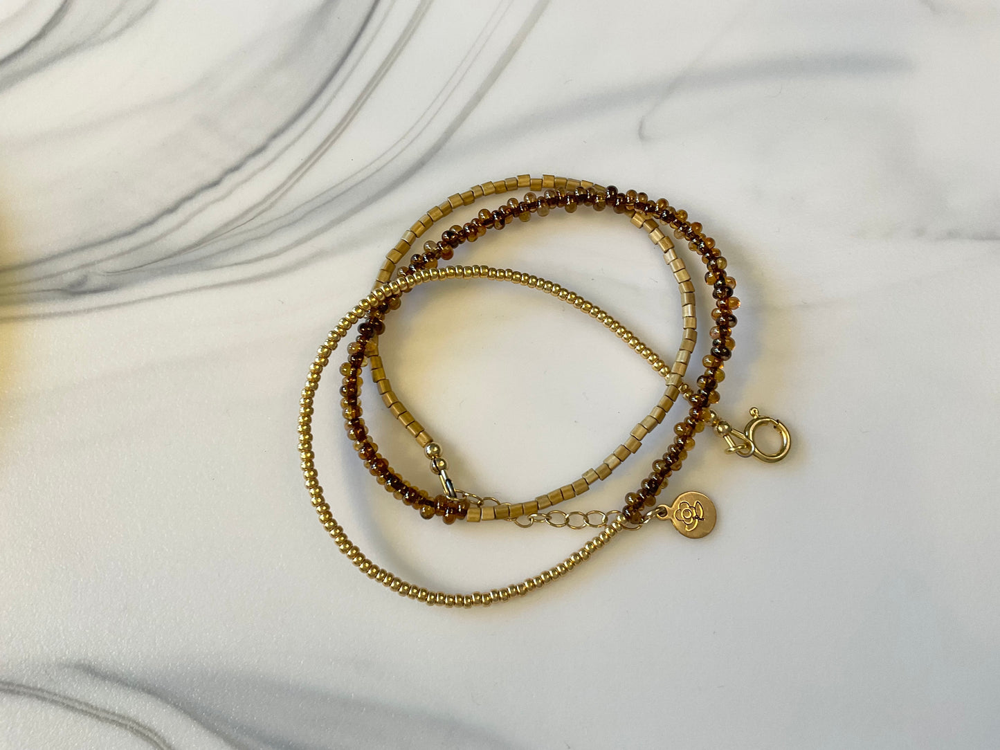 Gold and Amber Triple Wrap Seed Bead Bracelet