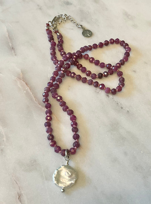 Ruby Hand-knotted Necklace with Pearl Charm