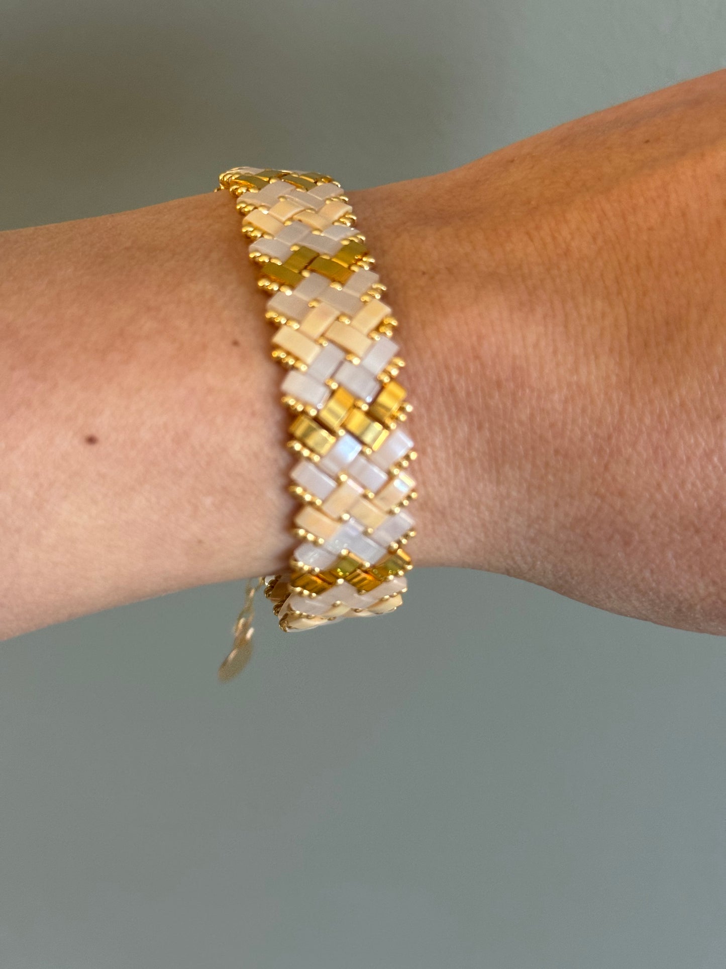 Beige, White and Gold Tila Bracelet and Earrings Set