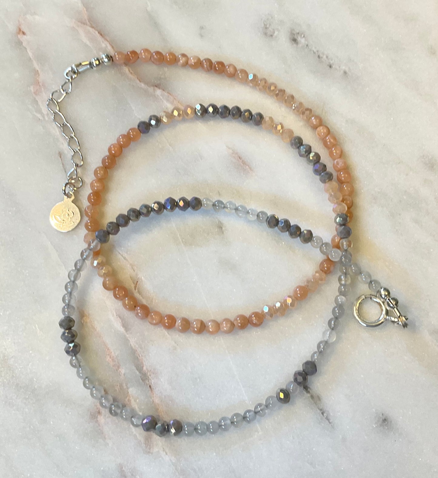 Gray and Peach Moonstone and Glass Bead Wrap Bracelet
