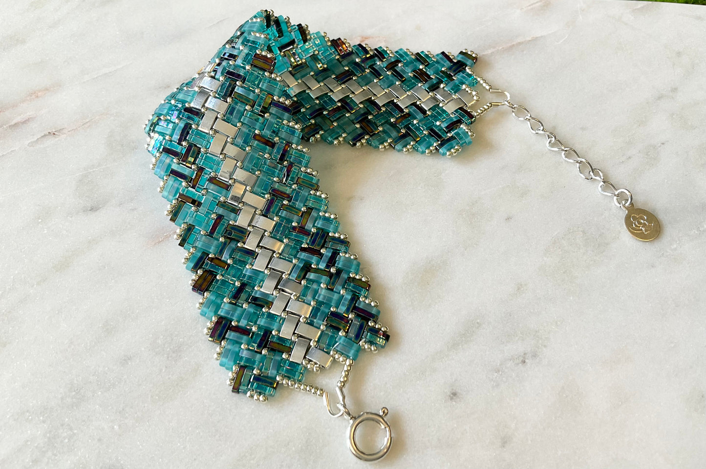 Silver and Turquoise Hand-beaded Cuff Bracelet