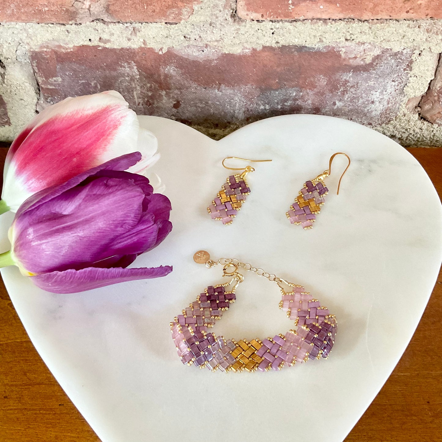 Purple Tila Earrings and Bracelet Set