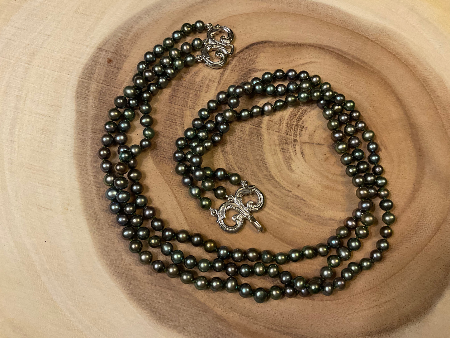 Triple Strand Green Pearl Necklace