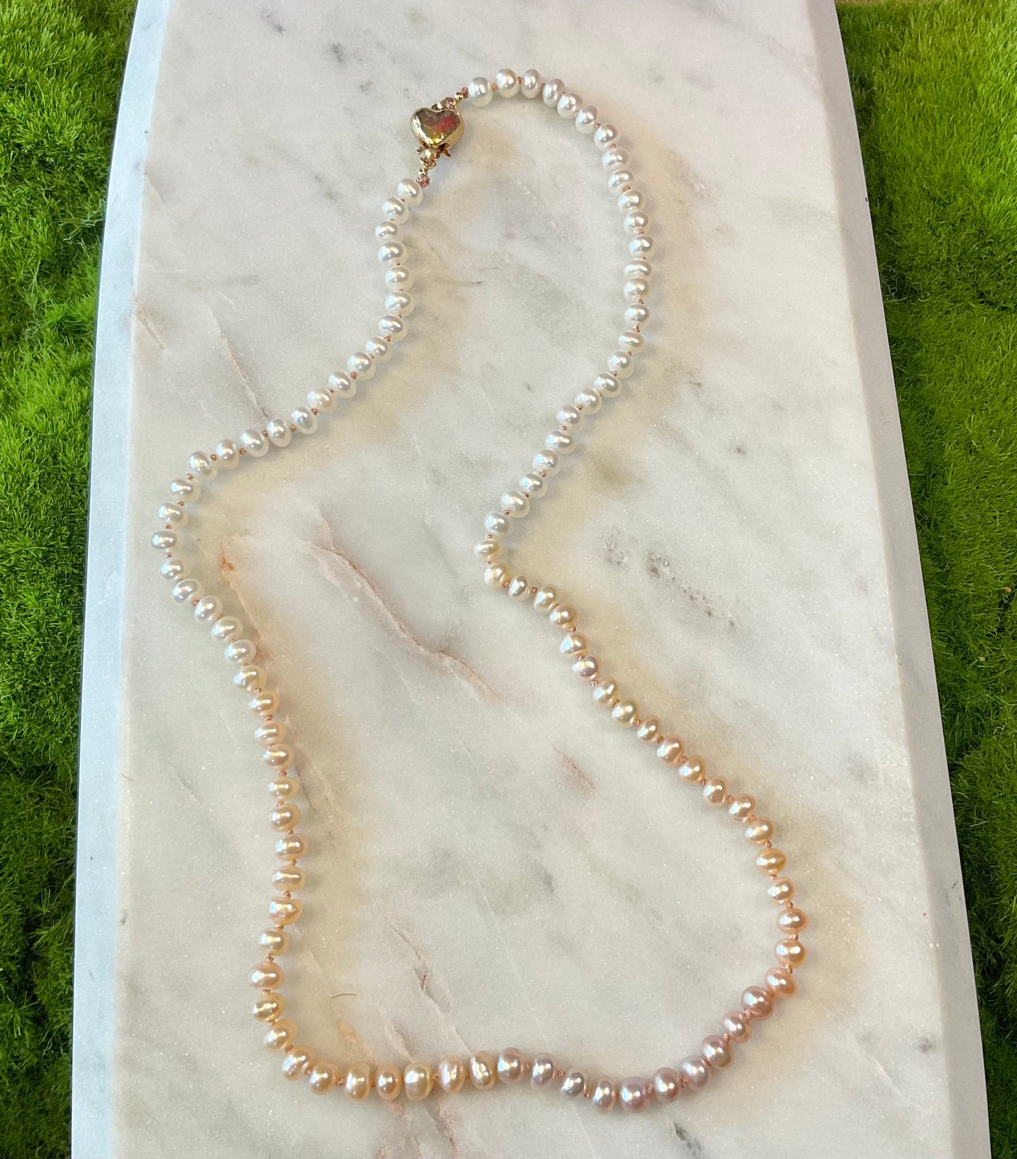 Hand-knotted White, Peach and Pink Pearl Necklace
