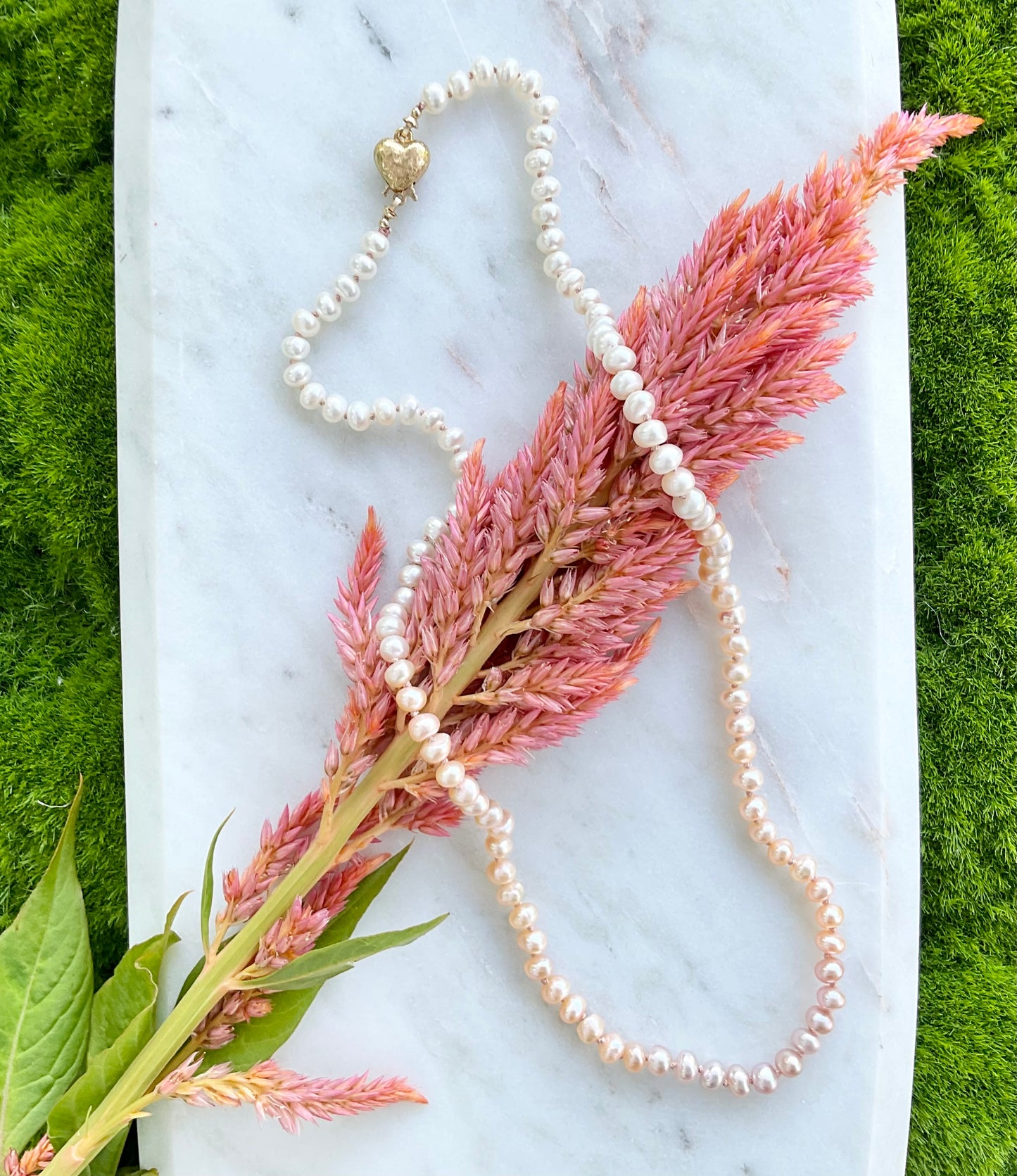 Hand-knotted White, Peach and Pink Pearl Necklace