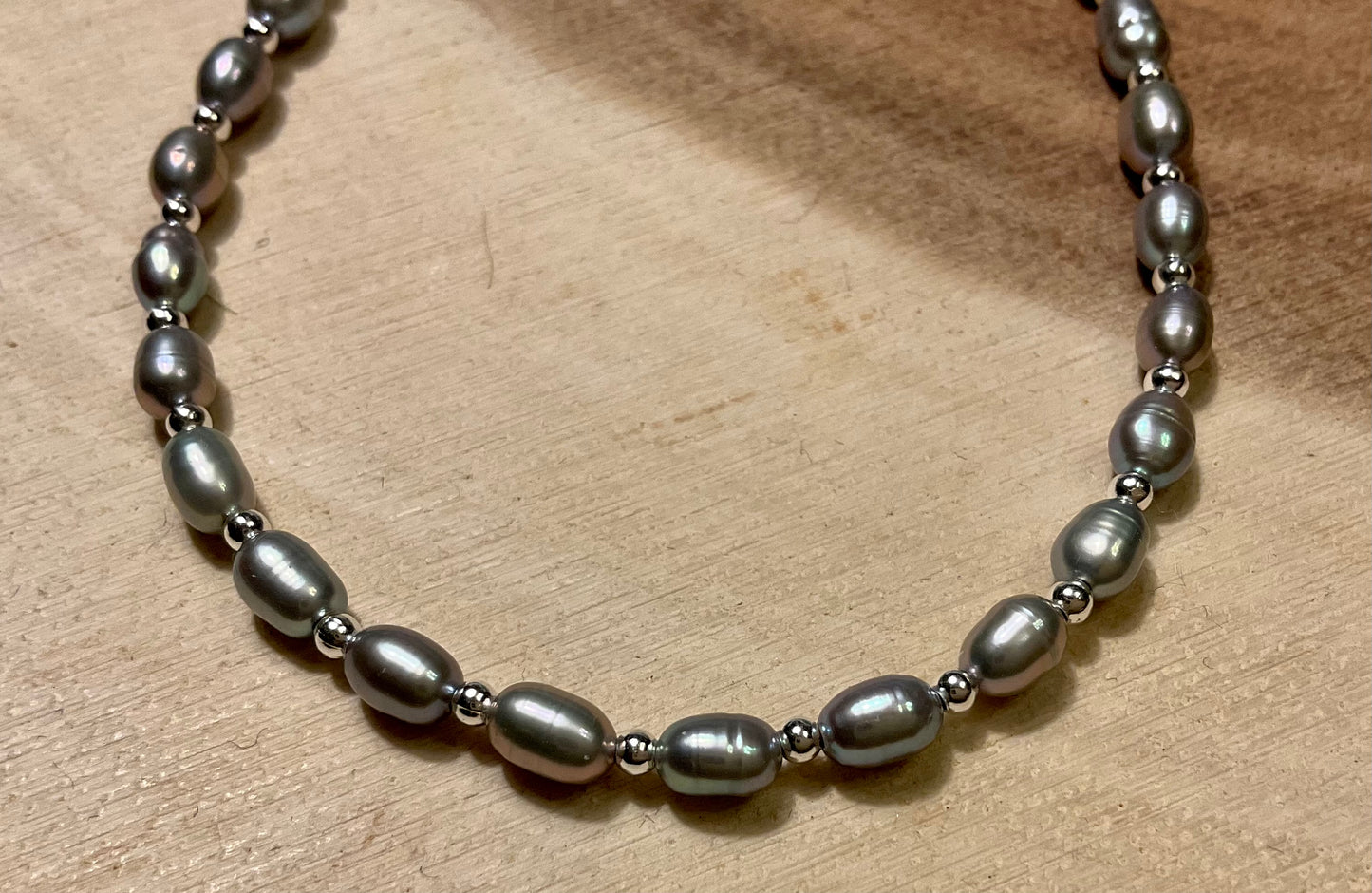 Silver/Blue Pearl Necklace with Sterling Silver Beads
