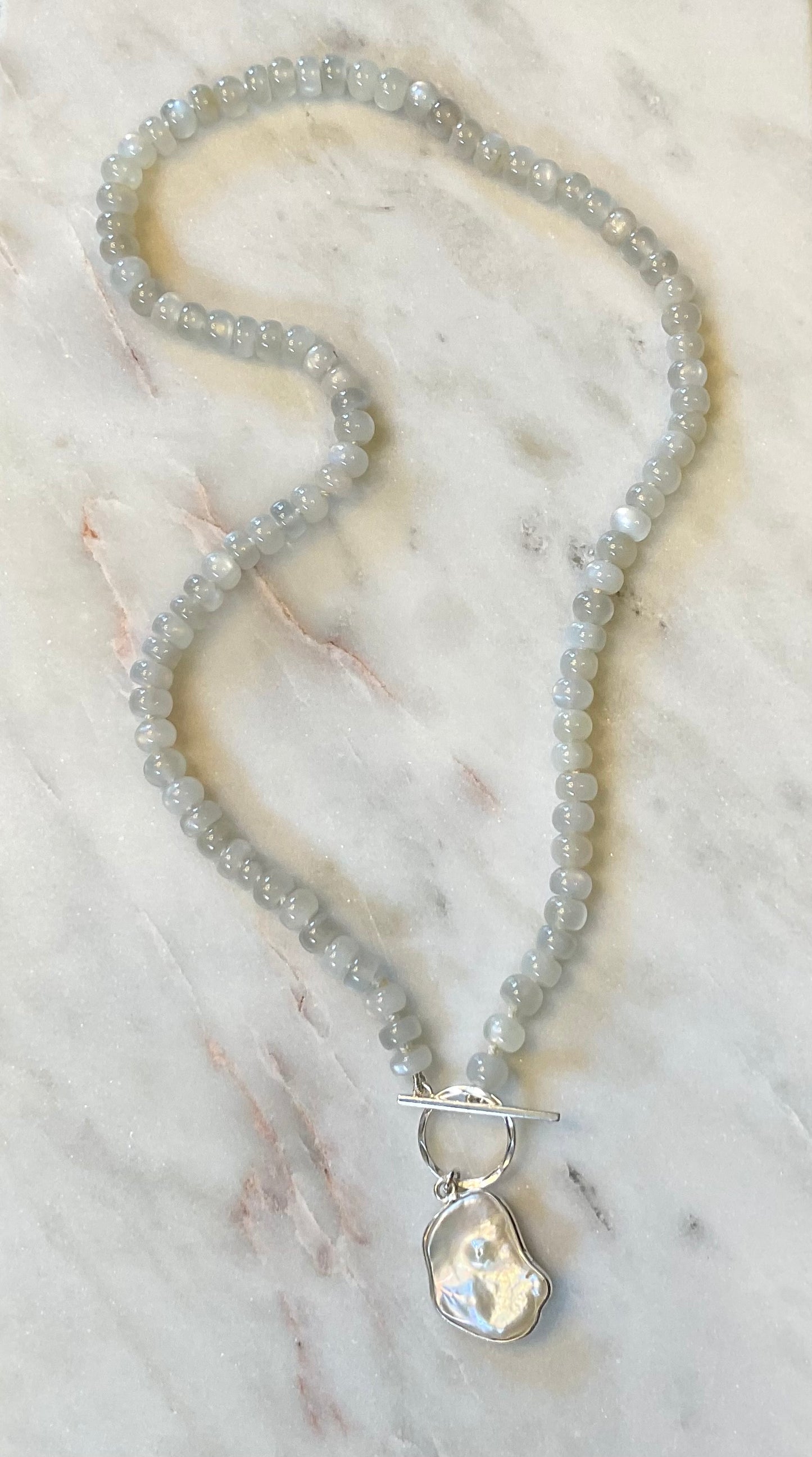 Gray Moonstone Rondelle Hand-knotted Necklace with Pearl Pendant