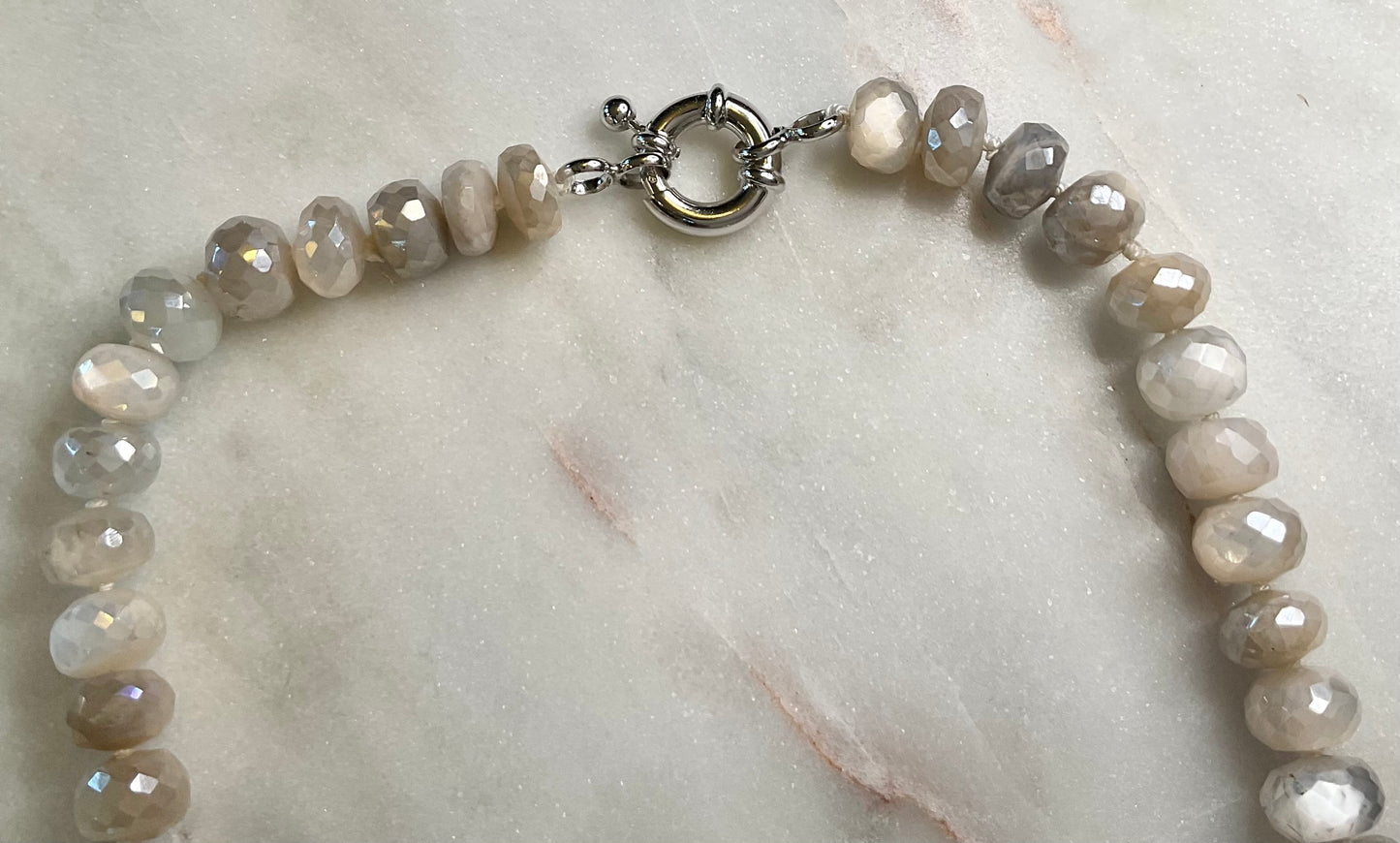 Silver Mystic Moonstone Rondelle Hand-knotted Necklace