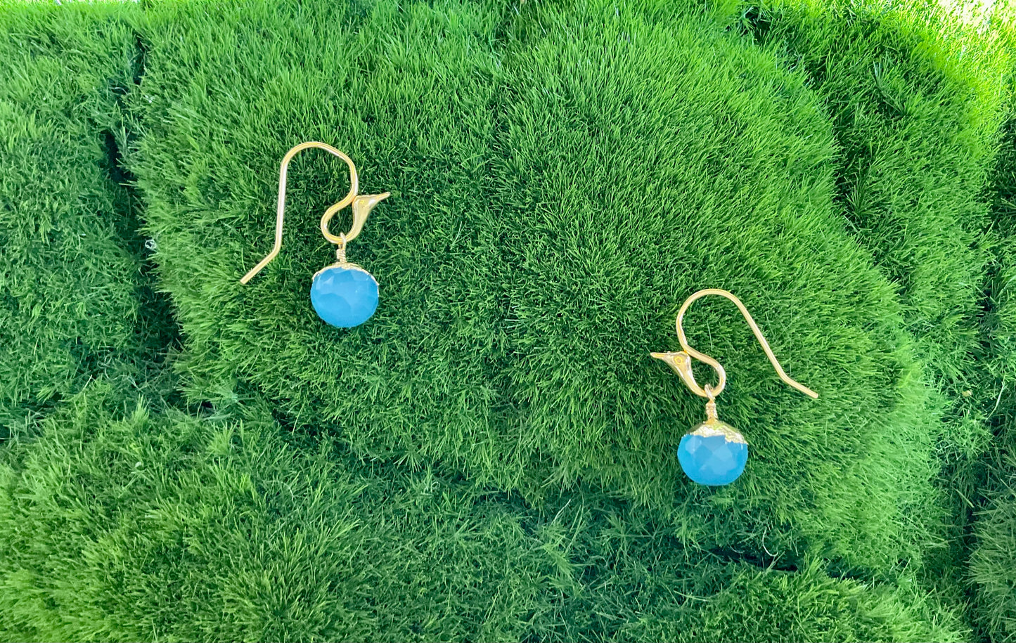 Gold-leafed Blue Chalcedony on a Bird Ear Wire