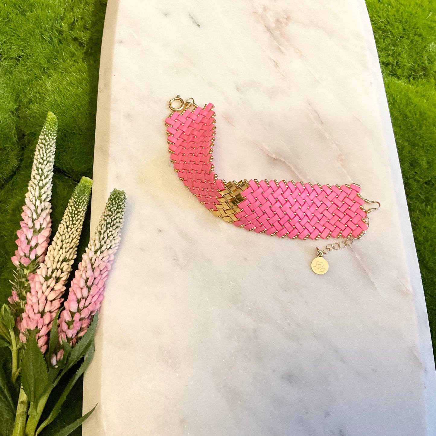 Bright Pink Tila Bracelet with Gold Band