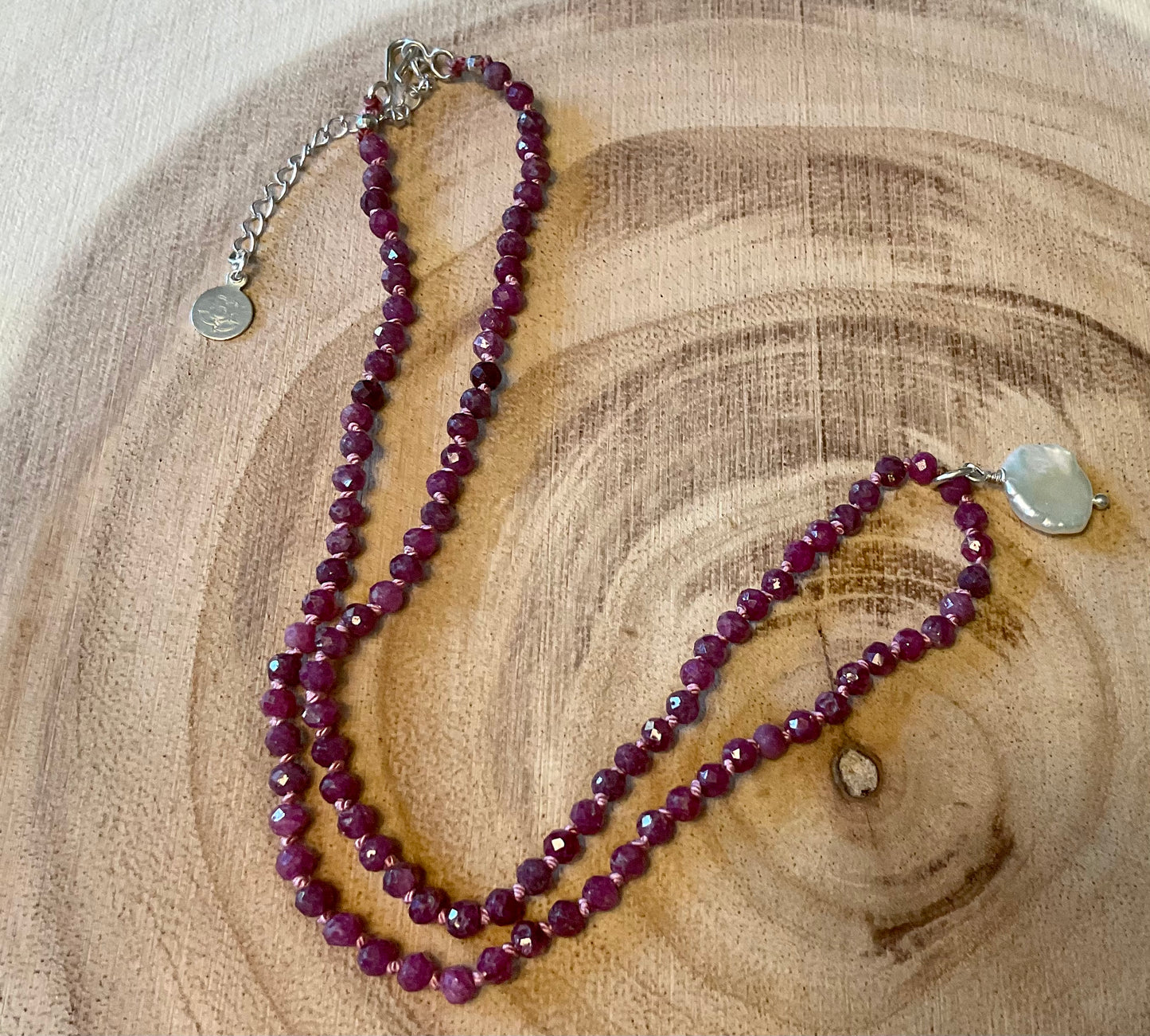 Ruby Hand-knotted Necklace with Pearl Charm