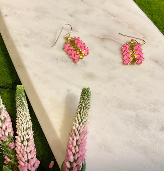 Bright Pink and Gold Tila Earrings