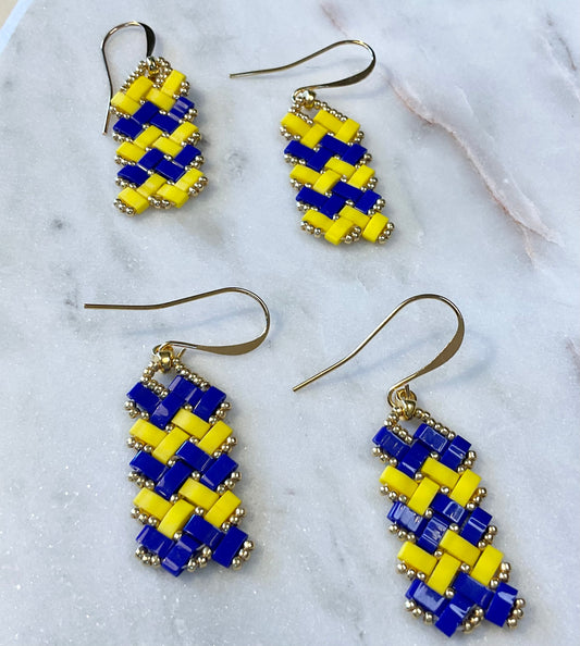 Yellow and Blue Herringbone Tila Earrings