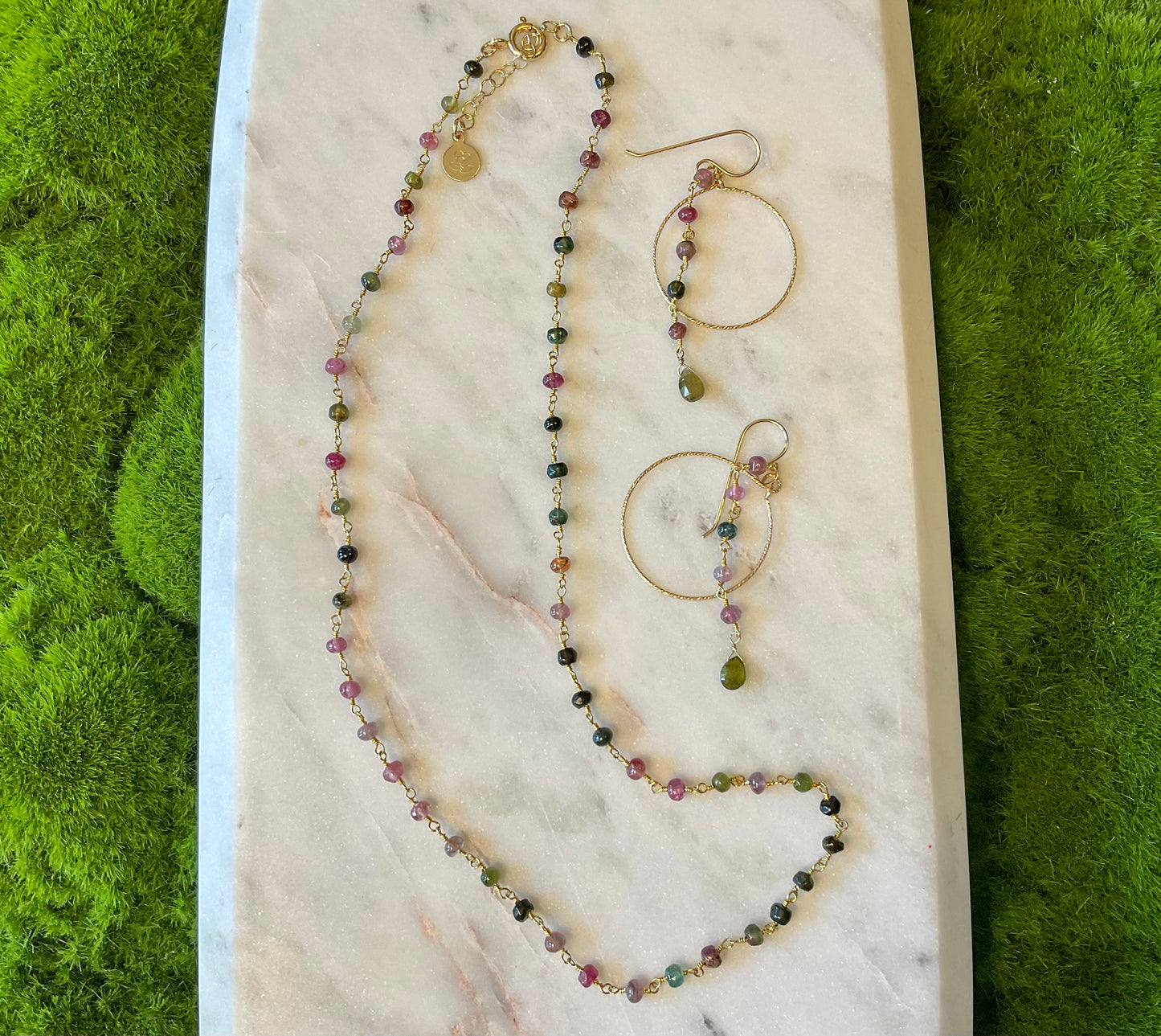 Tourmaline Chain Necklace and Matching Hoop Earrings