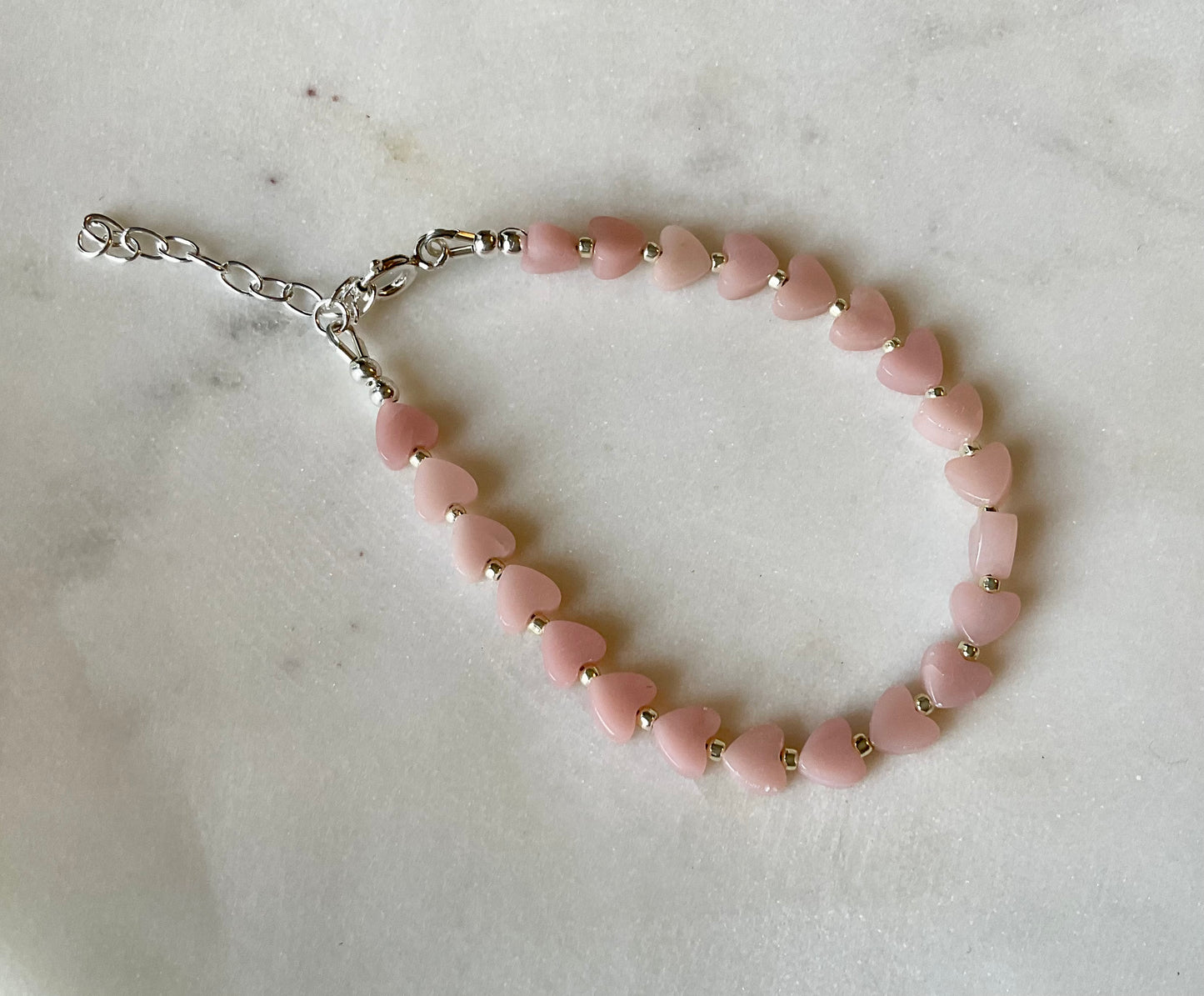Pink Opal Heart Bracelet Sterling Silver