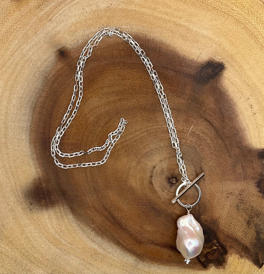 Sterling Silver Necklace with Large Baroque White Pearl