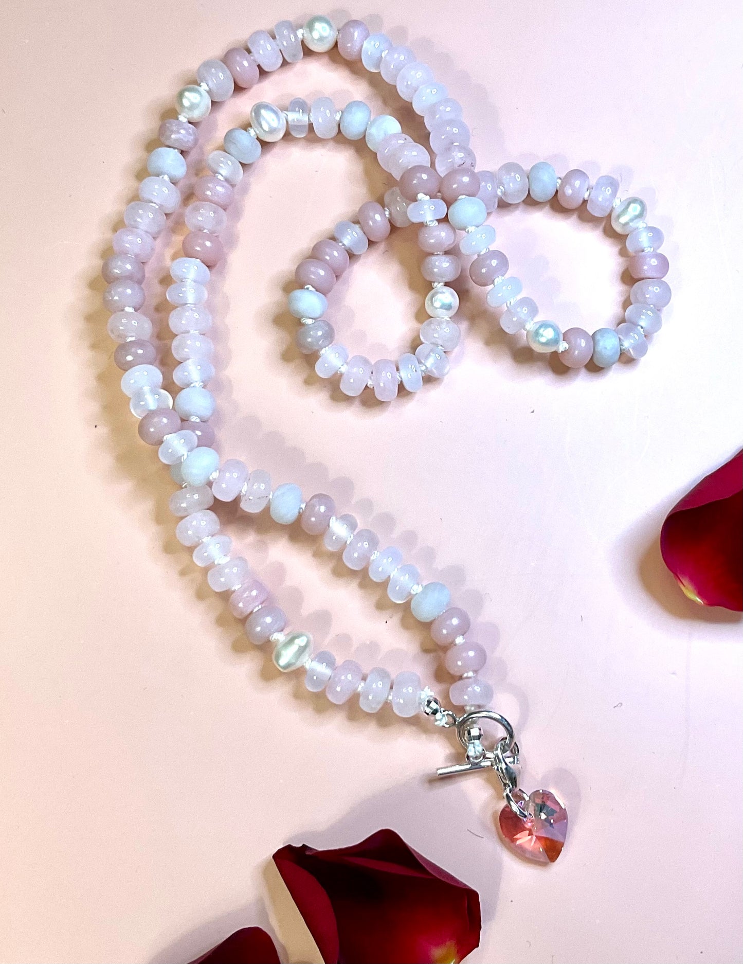 Hand-knotted Gemstone and Pearl Necklace with Heart Charm