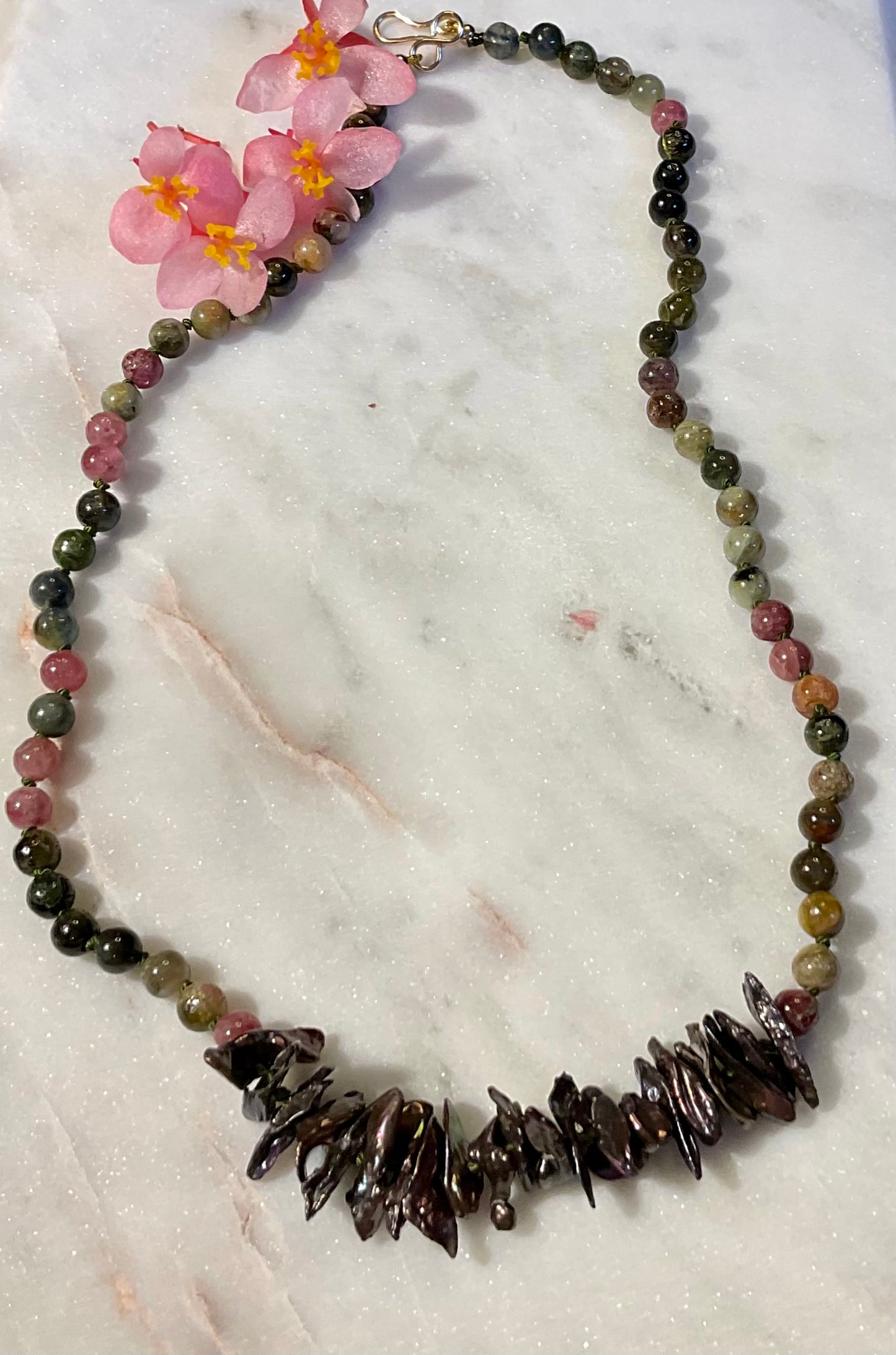 Tourmaline and Keshi Pearl Hand-Knotted Necklace