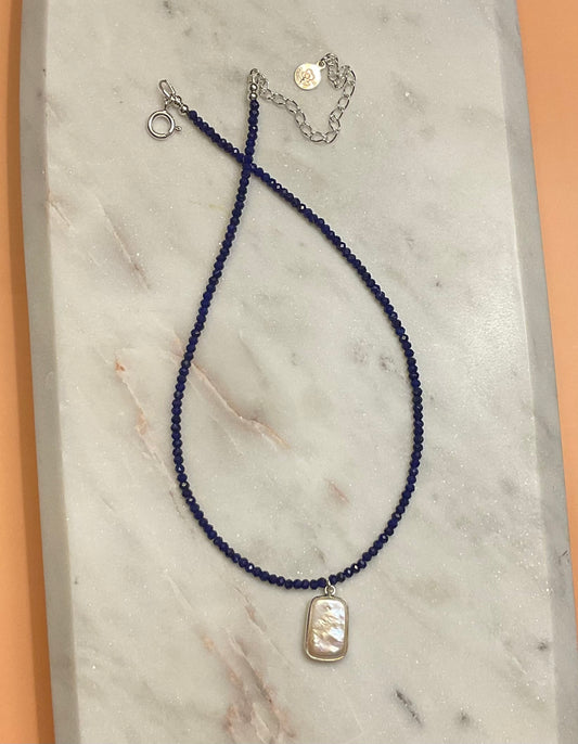 Micro Faceted Lapis Lazuli Gemstone Necklace with Pearl Pendant