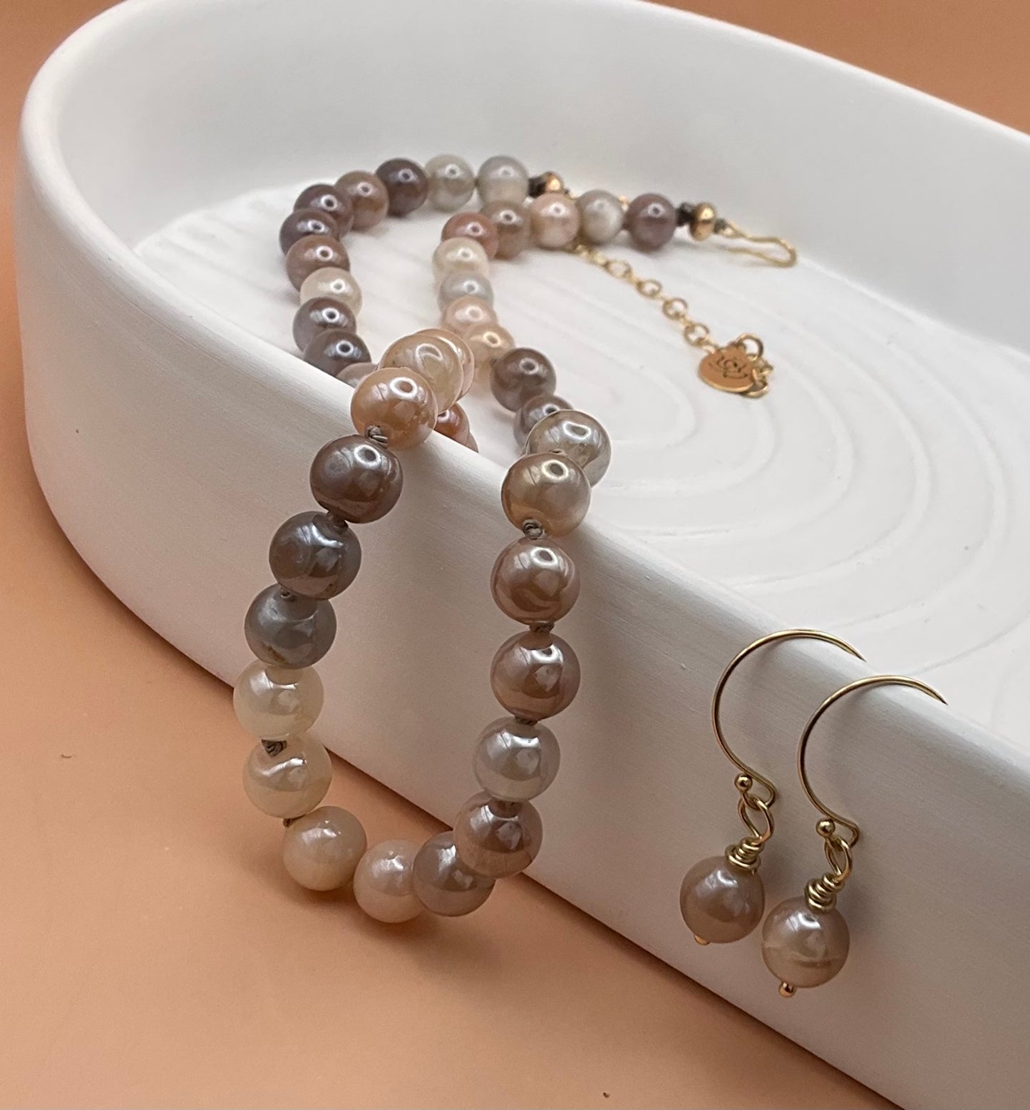 Hand-knotted Peach and Gray Moonstone Necklace with Matching Earrings