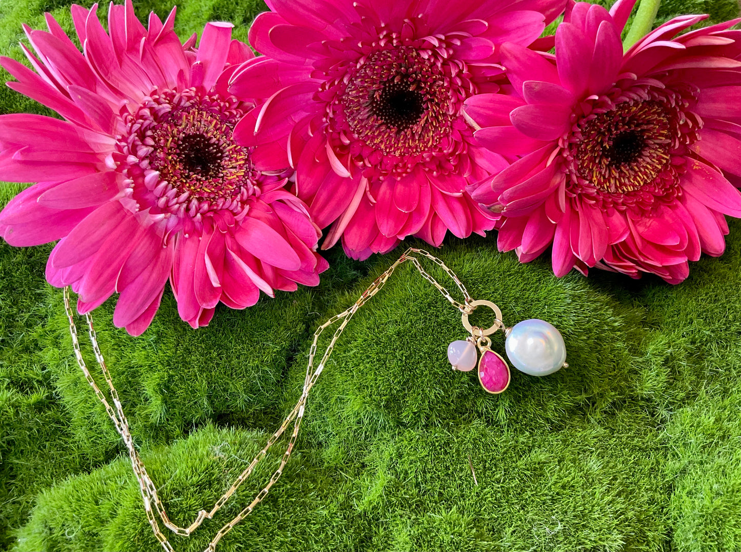 Pink Trio - Gemstone and Pearl Gold-filled Necklace