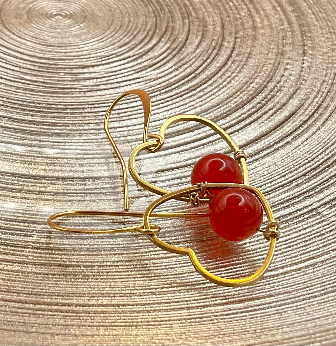 Gold Heart Dangle with Bright Coral Red Crystal Pearl