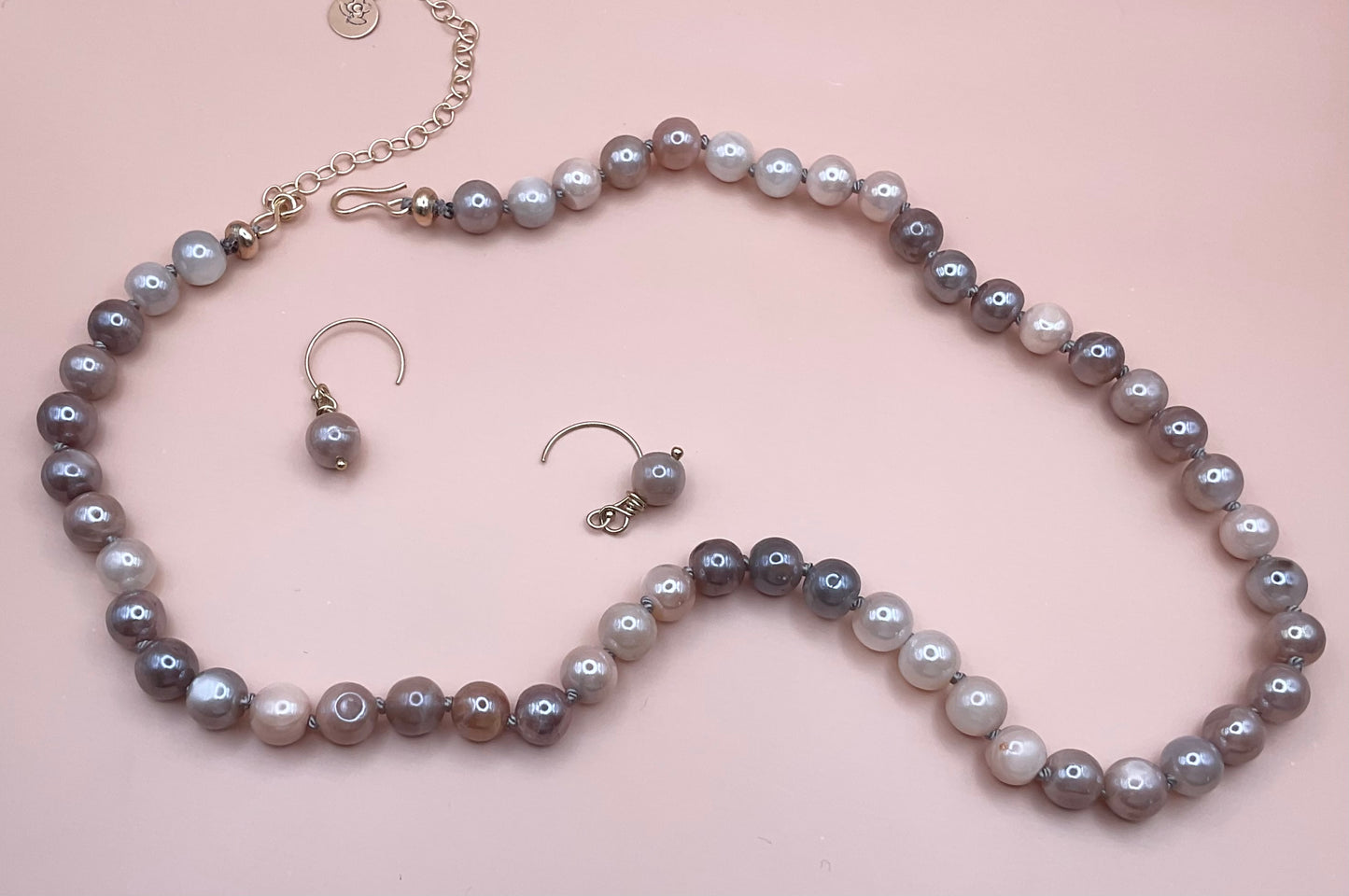 Hand-knotted Peach and Gray Moonstone Necklace with Matching Earrings